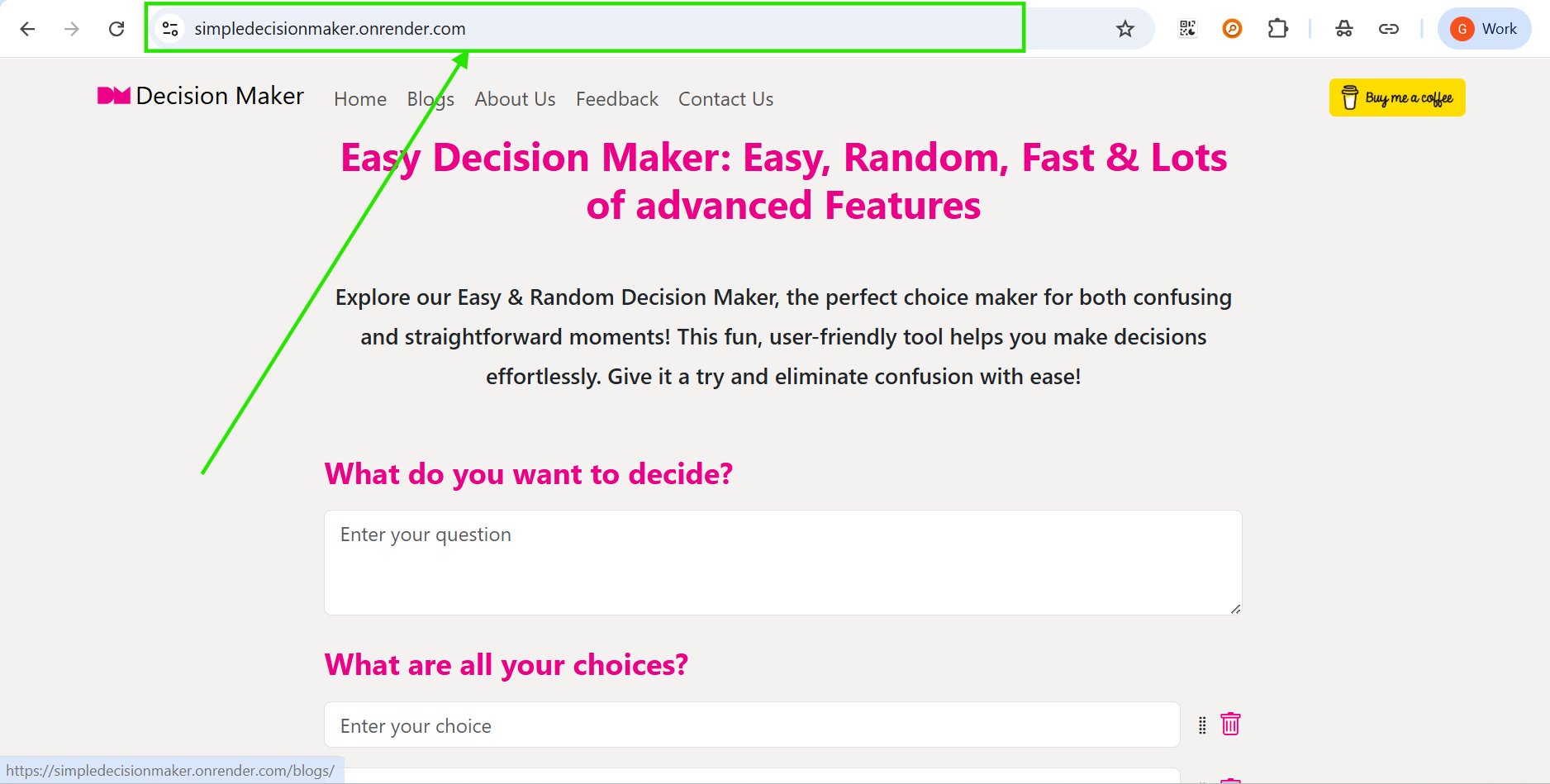 Screenshot of the Decision Maker homepage - showing the URL and the initial question area