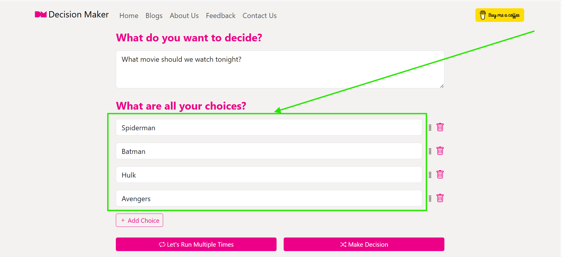 Screenshot of multiple choices being filled in the input fields