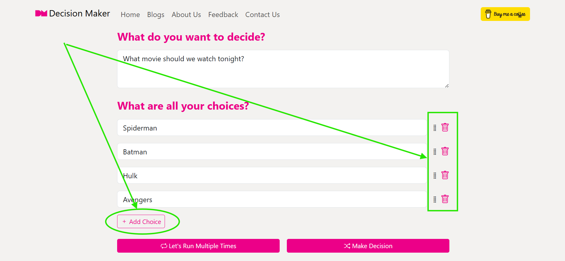 Screenshot showing the drag-and-drop reordering and the delete buttons in action