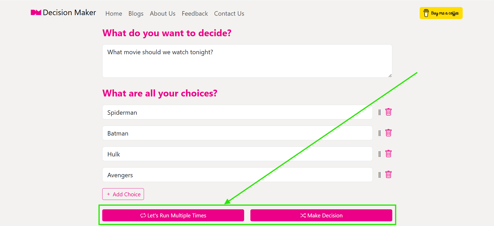 Screenshot showing the Make Decision button and the Multiple Runs modal