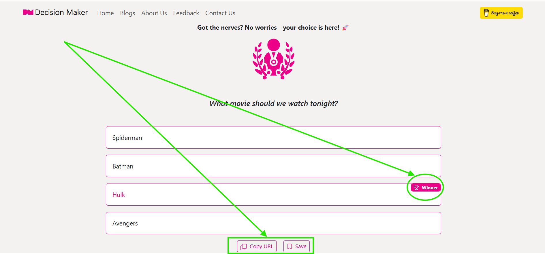 Screenshot of the result page showing the winner, the trophy badge, and action buttons