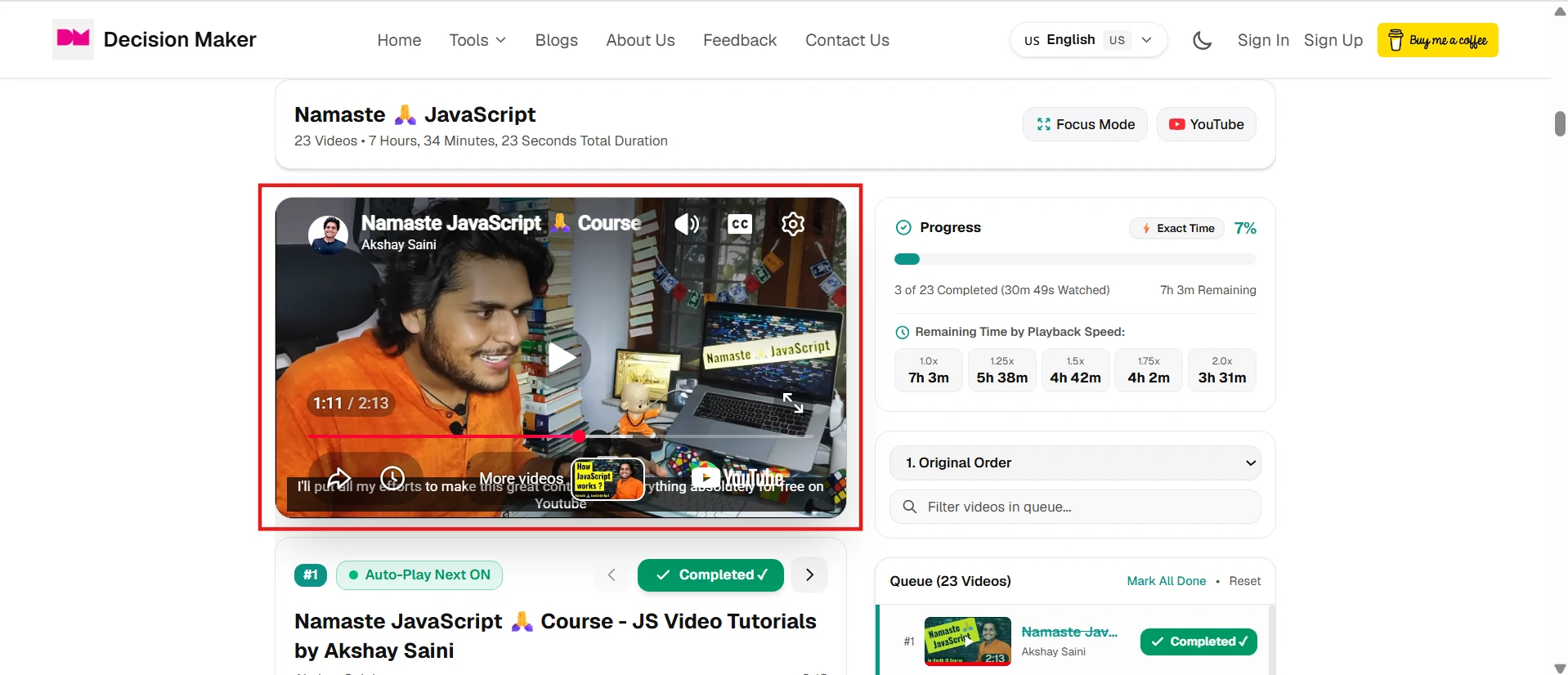 Embedded interactive YouTube video player inside the Study Manager interface