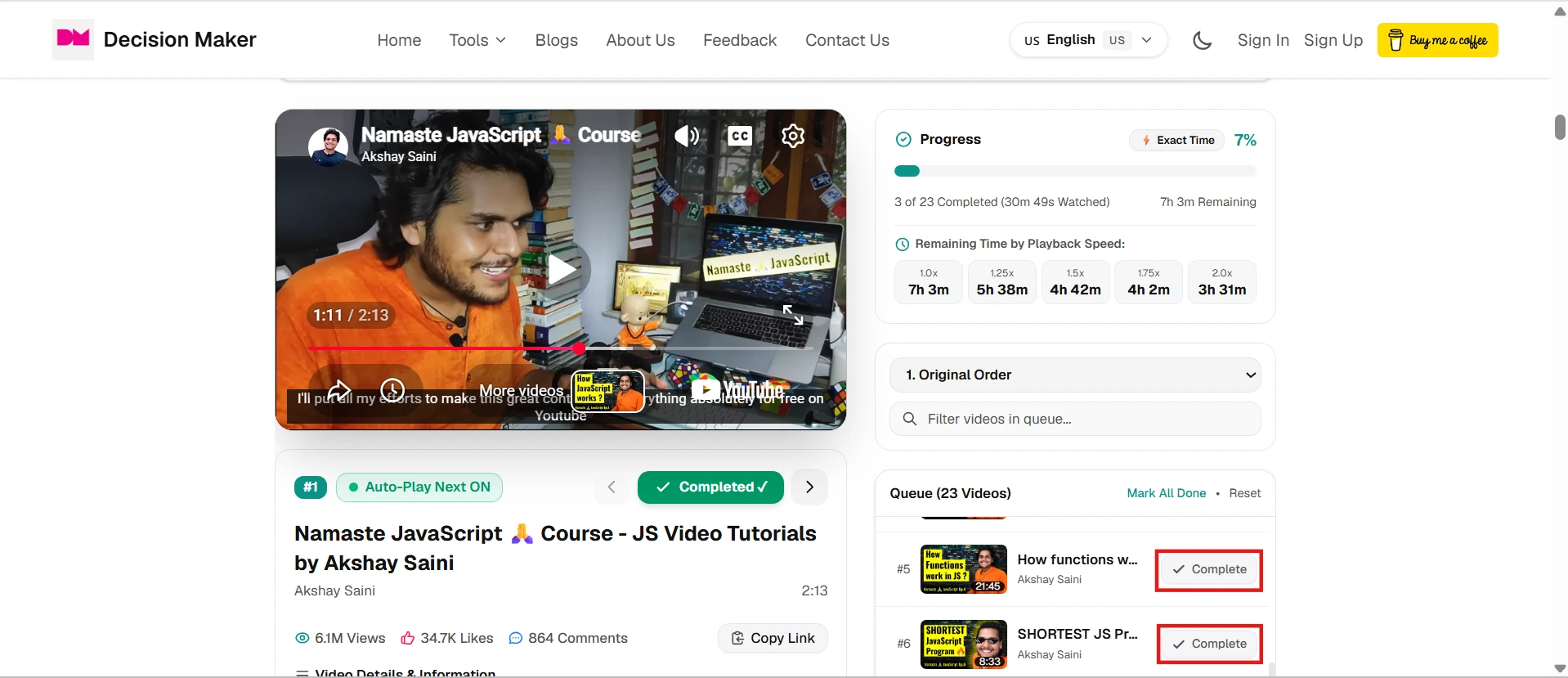 Manual skip and complete buttons next to a YouTube video in the playlist queue