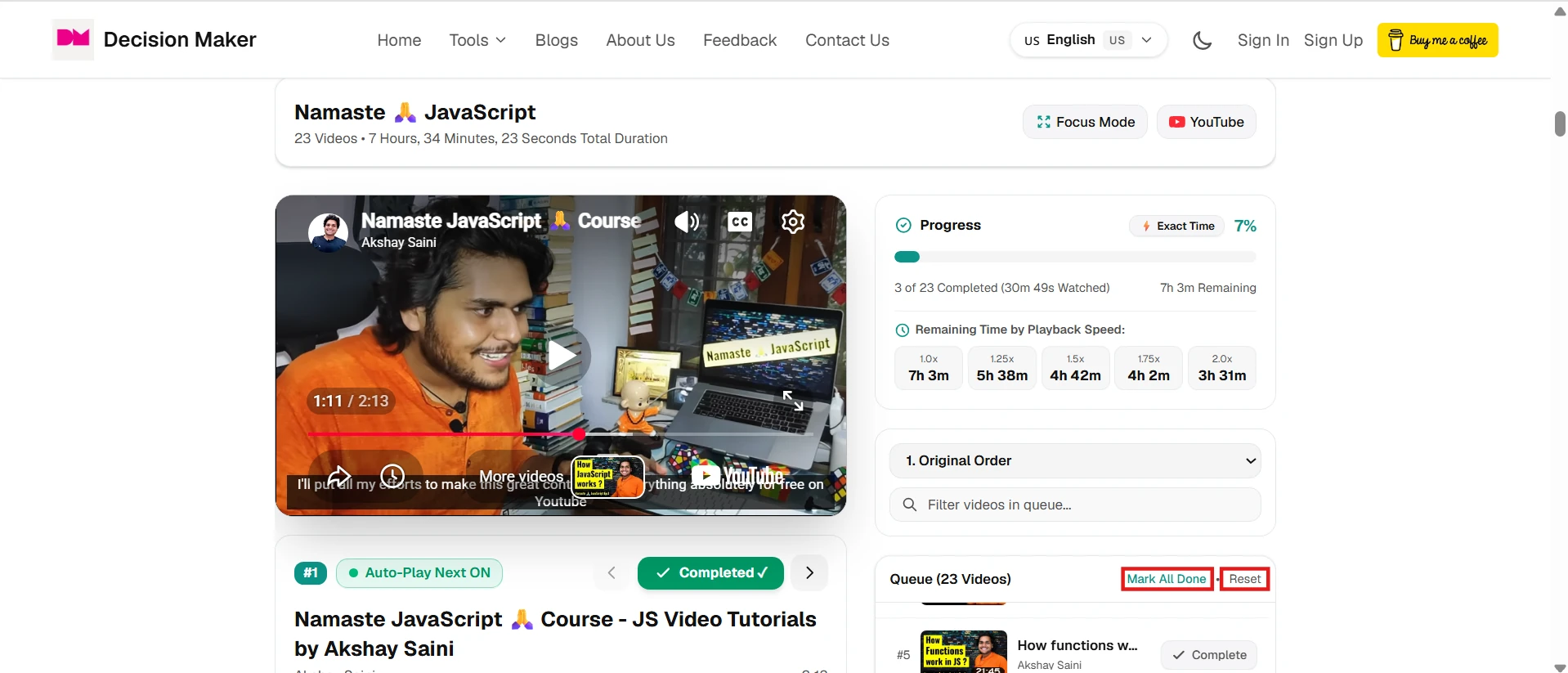 Mark all previous videos as complete bulk action button in the Study Manager